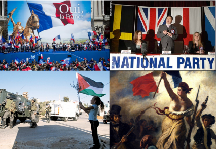 En haut : meeting du FN (à gauche) et du National Party (à droite) ; en bas : jeune palestinien brandissant son drapeau (à gauche) ; la Révolution guidant le peuple (à droite).