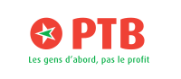 Le logo du PTB (flèche verte tournée vers la gauche dans une étoile blanche). Le slogan « Les gens d'abord, pas le profit. ».