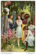 Carte n°3 figurant des femmes ravies de voir les plus beaux vêtements et bijoux fournis par les plantes d'une forêt.