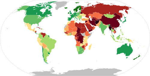 Indice de démocratie publié par The Economist (2022). Ces indicateurs sont forcément plus ou moins biaisés, mais ils permettent d'aller au delà de ce que proclament les États eux-mêmes.