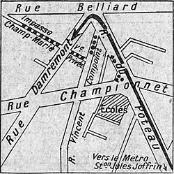Plan de l'« attentat » publié dans l'Excelsior. La flèche indique le déplacement des JP ; les pointillés représentent la position des groupes de communistes.