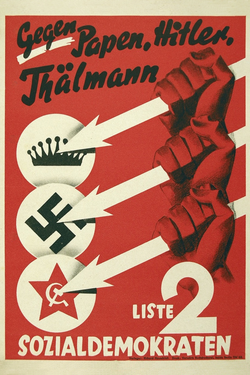 Affiche du SPD utilisant les trois flèches contre les monarchistes, les nazis et les communistes