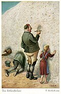Carte postale n°6, expliquant que pour parvenir au pays, il faut frayer un chemin à travers une montagne de riz bouilli.