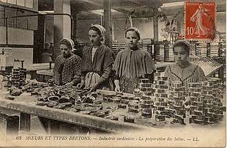 Quatre jeunes filles debout devant une table couverte de boîtes à sardines vides.
