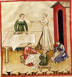 Aspects de la vie quotidienne : vêtements en lin, extrait du Tacuinum Sanitatis, 14e s.