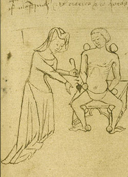 Une miresse, femme médecin du Moyen Âge. Manuscrit anglais du début du 15e s.
